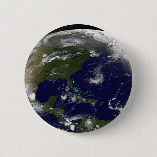Badge Rond 5 Cm Tempêtes Tropicales Sur La Planète Terre. (Devant)