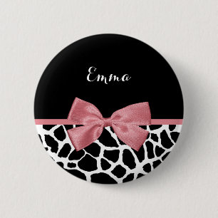 Badge Rond 5 Cm Tendance Girafe Imprimez Rosy Pink Bow avec un nom
