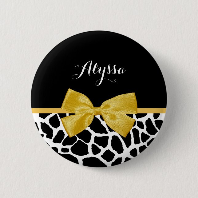Badge Rond 5 Cm Tendance Giraffe Imprimer Bow jaune doré avec nom (Devant)