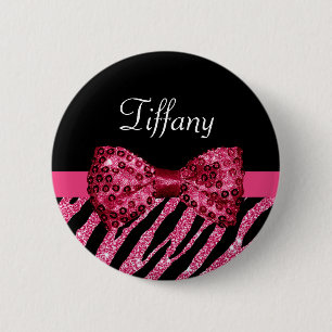 Badge Rond 5 Cm Tendance rose Zebra Print FAUX Glitz Bow avec nom