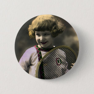 Badge Rond 5 Cm Tennis Sportif Vintage, Fille Heureuse avec Raquet