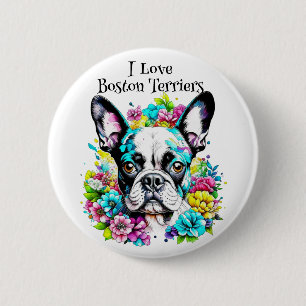 Badge Rond 5 Cm Terrier de Boston et fleurs