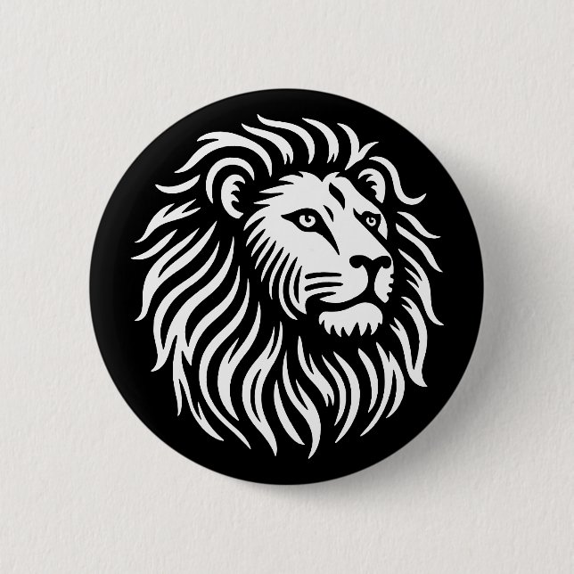 Badge Rond 5 Cm Tête de lion - Blanc sur noir (Devant)