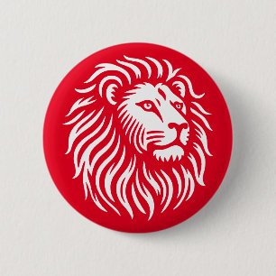 Badge Rond 5 Cm Tête de lion - Blanc sur rouge
