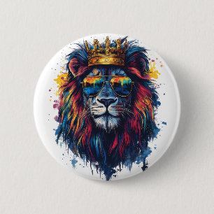 Badge Rond 5 Cm Tête de lion gras avec lunettes de soleil et couro