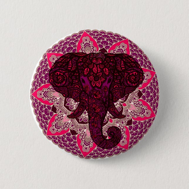 Badge Rond 5 Cm Tête d'éléphant au henné Mandala Pink Mehndi Tatto (Devant)