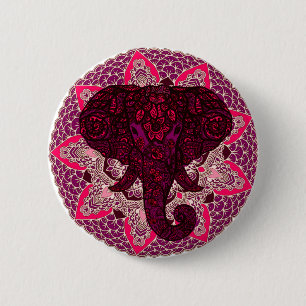 Badge Rond 5 Cm Tête d'éléphant au henné Mandala Pink Mehndi Tatto