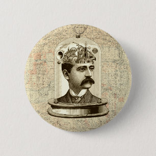 Badge Rond 5 Cm Tête du cerveau de travail d'horloge en vapeur dan