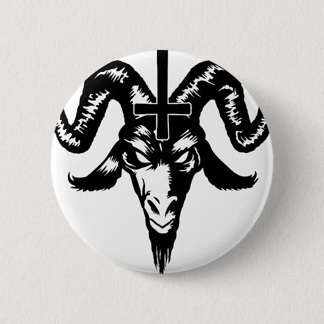 Badge Rond 5 Cm Tête satanique de chèvre avec la croix (noir) (Devant)