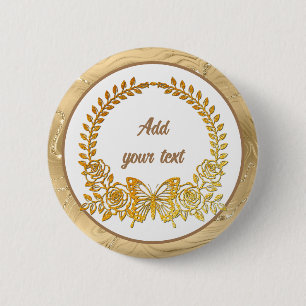 Badge Rond 5 Cm Texte personnalisé, papillon doré et fleur