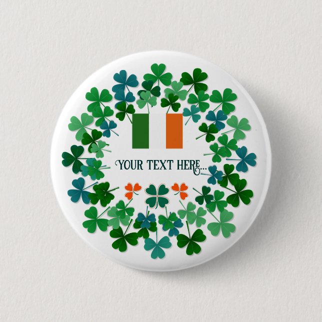 Badge Rond 5 Cm Texte personnalisé Shamrock et drapeau irlandais (Devant)