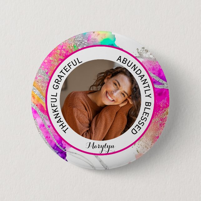 Badge Rond 5 Cm Thankful Grateful Blessed Quote photo Rainbow (Devant)