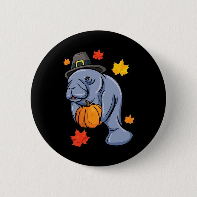 Badge Rond 5 Cm Thanksgiving Manatee Pilgrim Fall Citrouille Dugon (Devant)