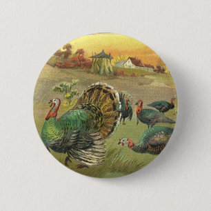 Badge Rond 5 Cm Thanksgiving vintage avec des dindes et des pèleri