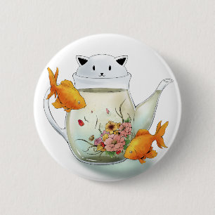Badge Rond 5 Cm Thé fleurissant dans une théière et un poisson