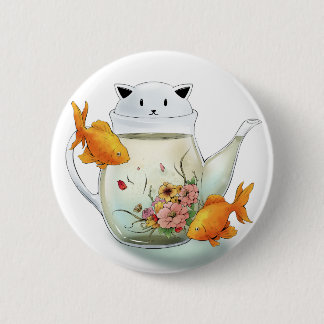 Badge Rond 5 Cm Thé fleurissant dans une théière et un poisson