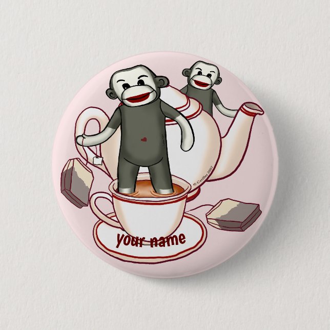 Badge Rond 5 Cm Théière Sock Monkey  bouton épinglé (Devant)