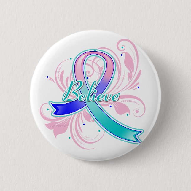 Badge Rond 5 Cm Thyroid Cancer Croire Flourish Ribbon (Devant)