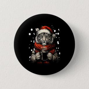 Badge Rond 5 Cm Tigre de Noël avec chapeau de Père Noël amateur de