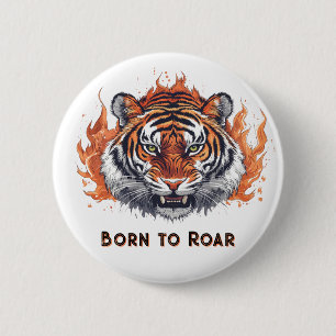Badge Rond 5 Cm Tigre Féroce avec Flammes - Texte Personnalisable