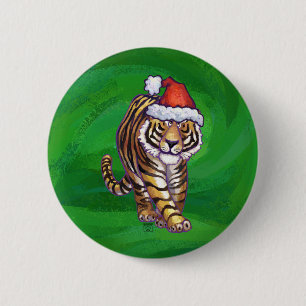 Badge Rond 5 Cm Tigre mignon à Santa Chapeau en vert