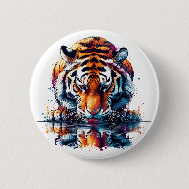 Badge Rond 5 Cm Tigre regardant son reflet dans l'eau (Devant)
