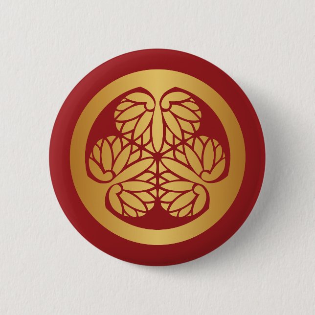 Badge Rond 5 Cm Tokugawa Aoi Mon Japonais Crest or sur rouge (Devant)