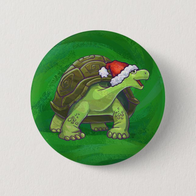 Badge Rond 5 Cm Tortue à Santa Chapeau sur Vert (Devant)