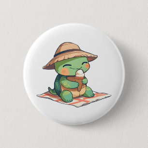 Badge Rond 5 Cm Tortue Chibi Mignonne avec Chapeau de Paille Mange