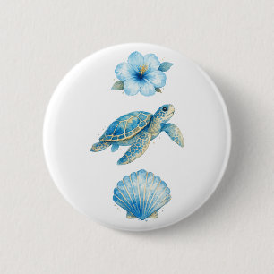 Badge Rond 5 Cm Tortue de mer à l'aquarelle bleue et éléments côti