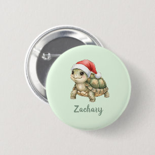 Badge Rond 5 Cm Tortue de Noël à chapeau de Père Noël aquarelle pe