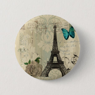 Badge Rond 5 Cm Tour Eiffel rose de Paris de papillon beige de