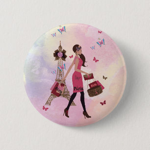 Badge Rond 5 Cm Tour Eiffel rose mignon de Paris de fille