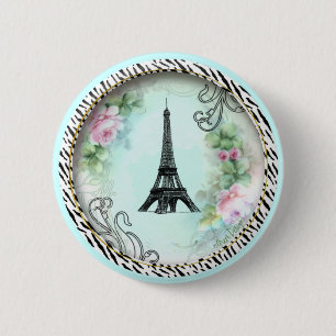 Badge Rond 5 Cm Tour Eiffel rose roses et zèbre imprimé