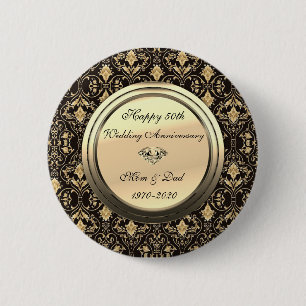 Badge Rond 5 Cm Tourbillons Élégants Noir 50e Anniversaire de Mari