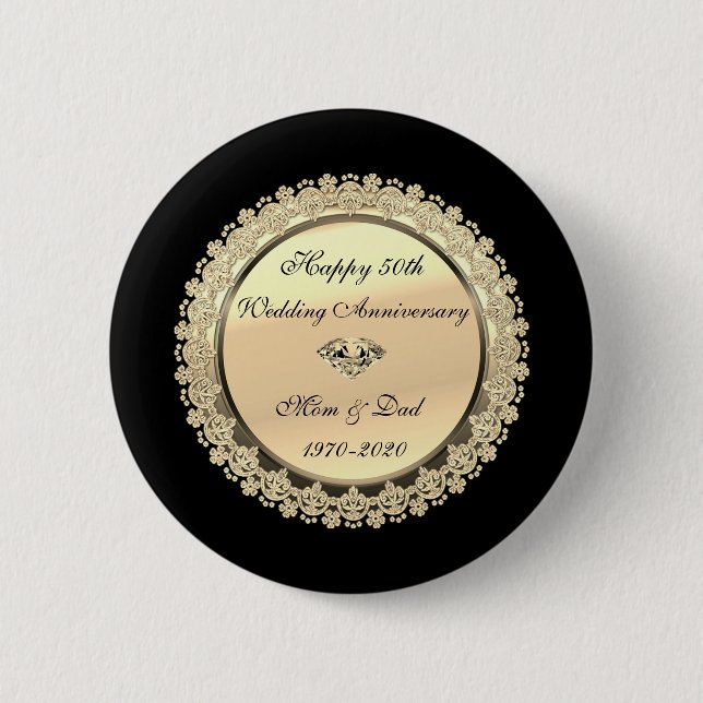 Badge Rond 5 Cm Tourbillons Floraux Dorés Noir 50e Anniversaire de (Devant)