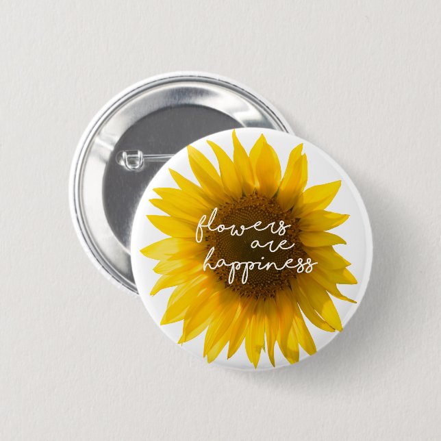 Badge Rond 5 Cm Tournesol citation "Les fleurs sont du bonheur" (Devant & derrière)