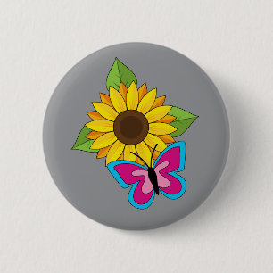 Badge Rond 5 Cm Tournesol jaune et papillon bleu rose