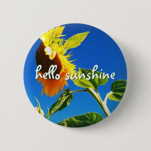 Badge Rond 5 Cm Tournesol Jaune Photo Hello Sunshine Script Bold