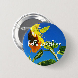 Badge Rond 5 Cm Tournesol Jaune Photo Hello Sunshine Script Bold