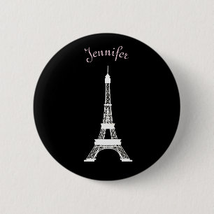 Badge Rond 5 Cm Tours Eiffel français noirs, roses, blancs Girly