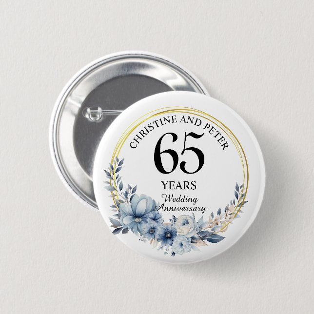 Badge Rond 5 Cm Tout Mariage (65) Élégant Anniversaire Floral Bleu (Devant & derrière)