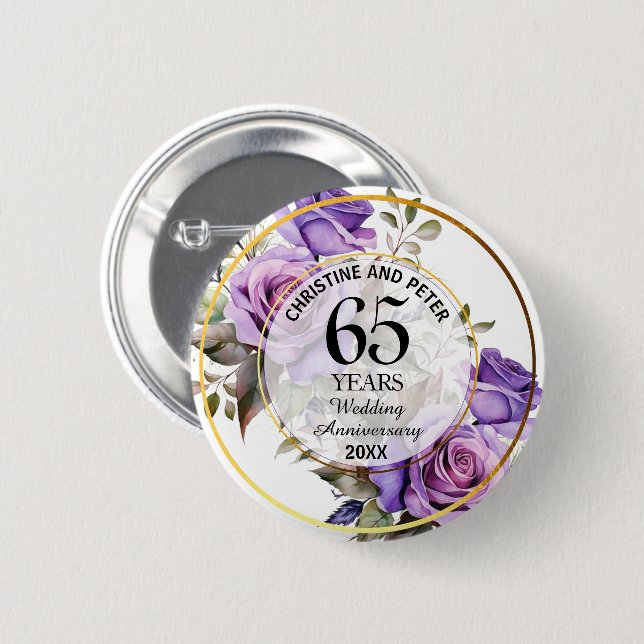 Badge Rond 5 Cm Tout Mariage Gold Frame Purple Rose Anniversaire (Devant & derrière)