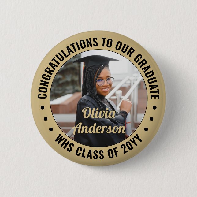Badge Rond 5 Cm Tout texte Graduation Photo Félicats Noir et Or (Devant)