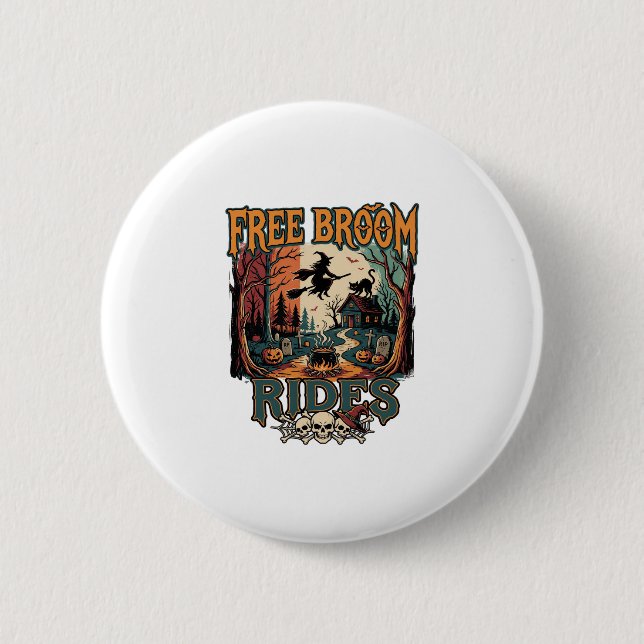 Badge Rond 5 Cm Trajets de balai gratuits Halloween Sorcière Crâne (Devant)