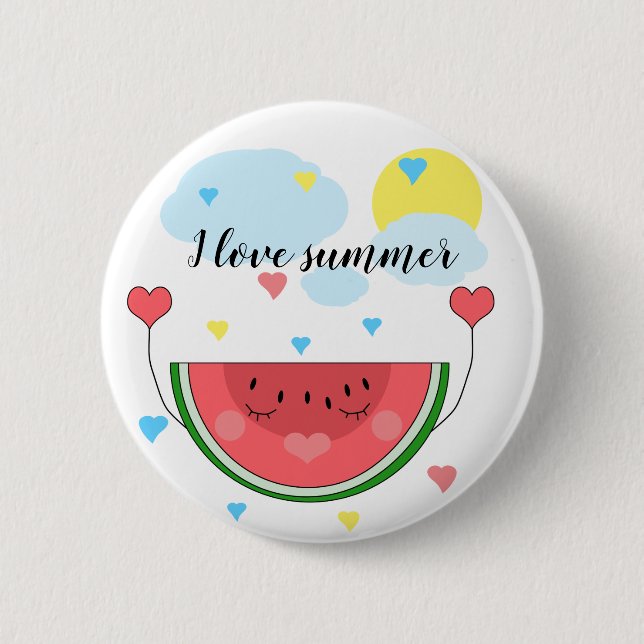 Badge Rond 5 Cm tranche de pastèque, texte, "J'aime l'été", (Devant)