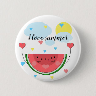 Badge Rond 5 Cm Tranche de pastèque, texte, "j'aime l'été",