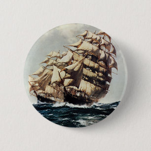 Badge Rond 5 Cm Transport Vintage, Voiliers dans les Mers Agitées