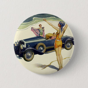 Badge Rond 5 Cm Transport vintage Voiture convertible sur la plage