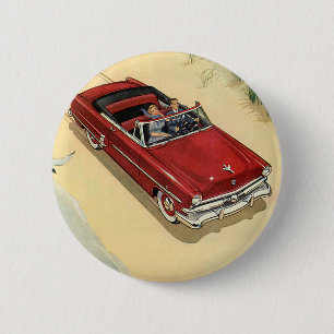 Badge Rond 5 Cm Transport vintage, voiture décapotable rouge plage
